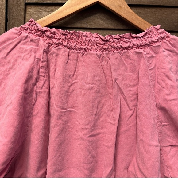 Relaxed Old Rose Plain Boho Neutral Chic Cuffed Sleeve‎ Smocked Blouse Sz L - Picture 9 of 11